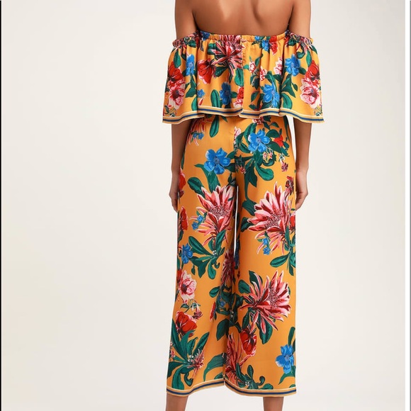 Yellow Floral Print JUMPSUIT Off-the-Shoulder NWT - Picture 7 of 9